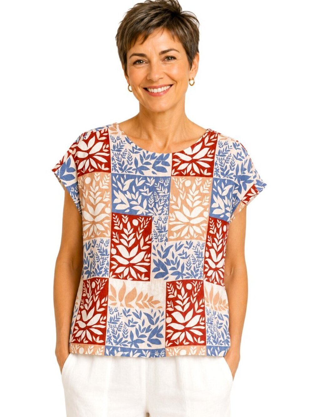 Sigrid Olsen Floral Block Print Linen Button Back Top